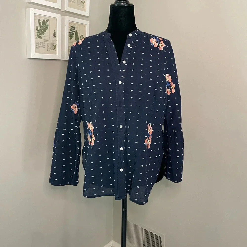 Loft The‎ Softened Shirt Navy Floral Embroidered Button Down Top
